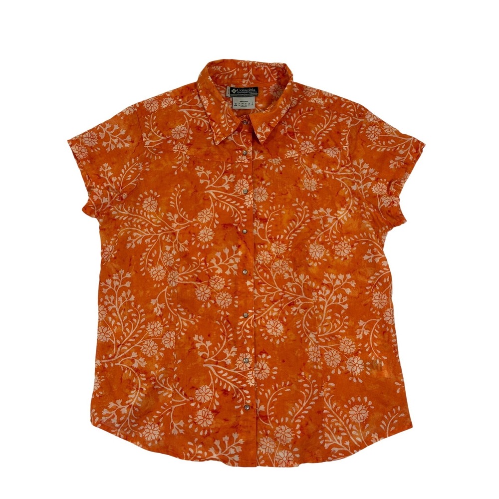 Columbia Womens Orange Floral Batik Cotton Snap Button Shirt Large